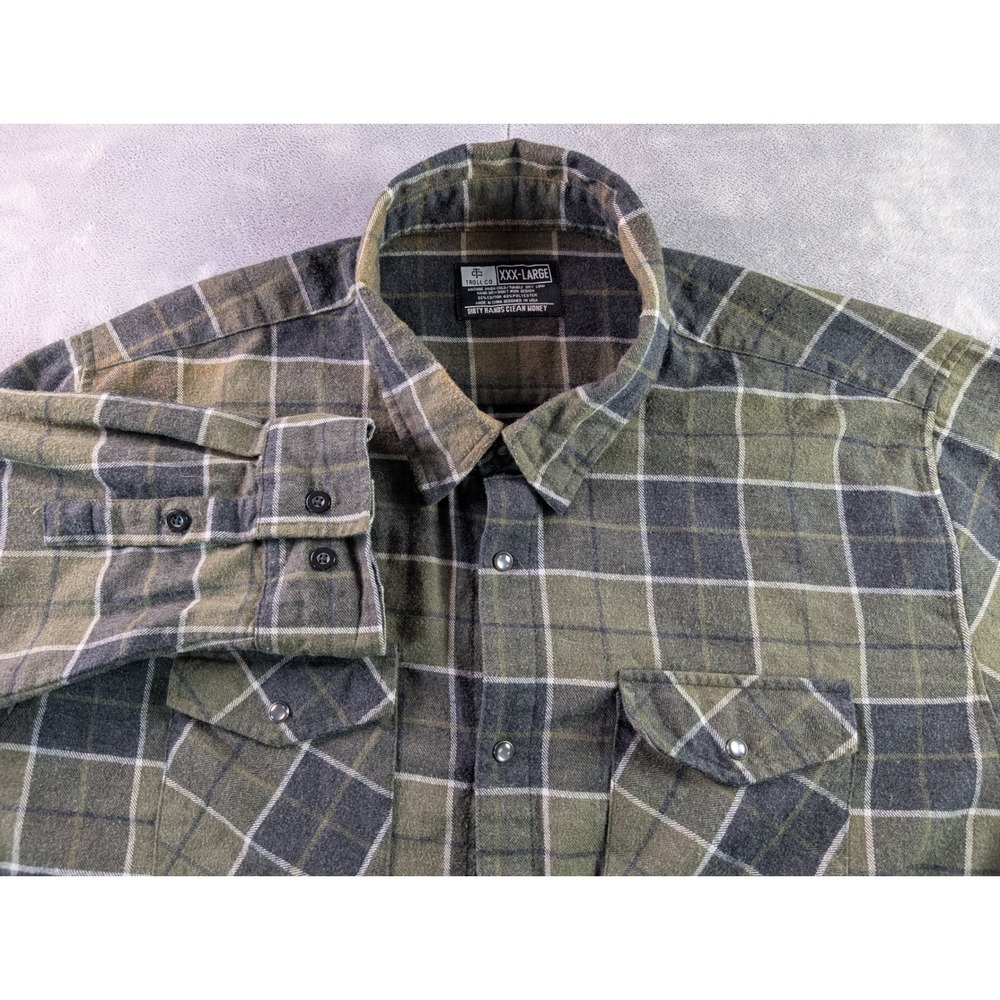 Troll Co. Dirty Hands Clean Money Flannel Shirt Mens XXXL Green Gray Plaid Snap